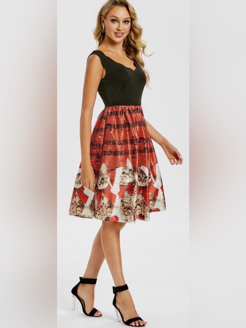Festive Cat-Print Red and Black Holiday Dress